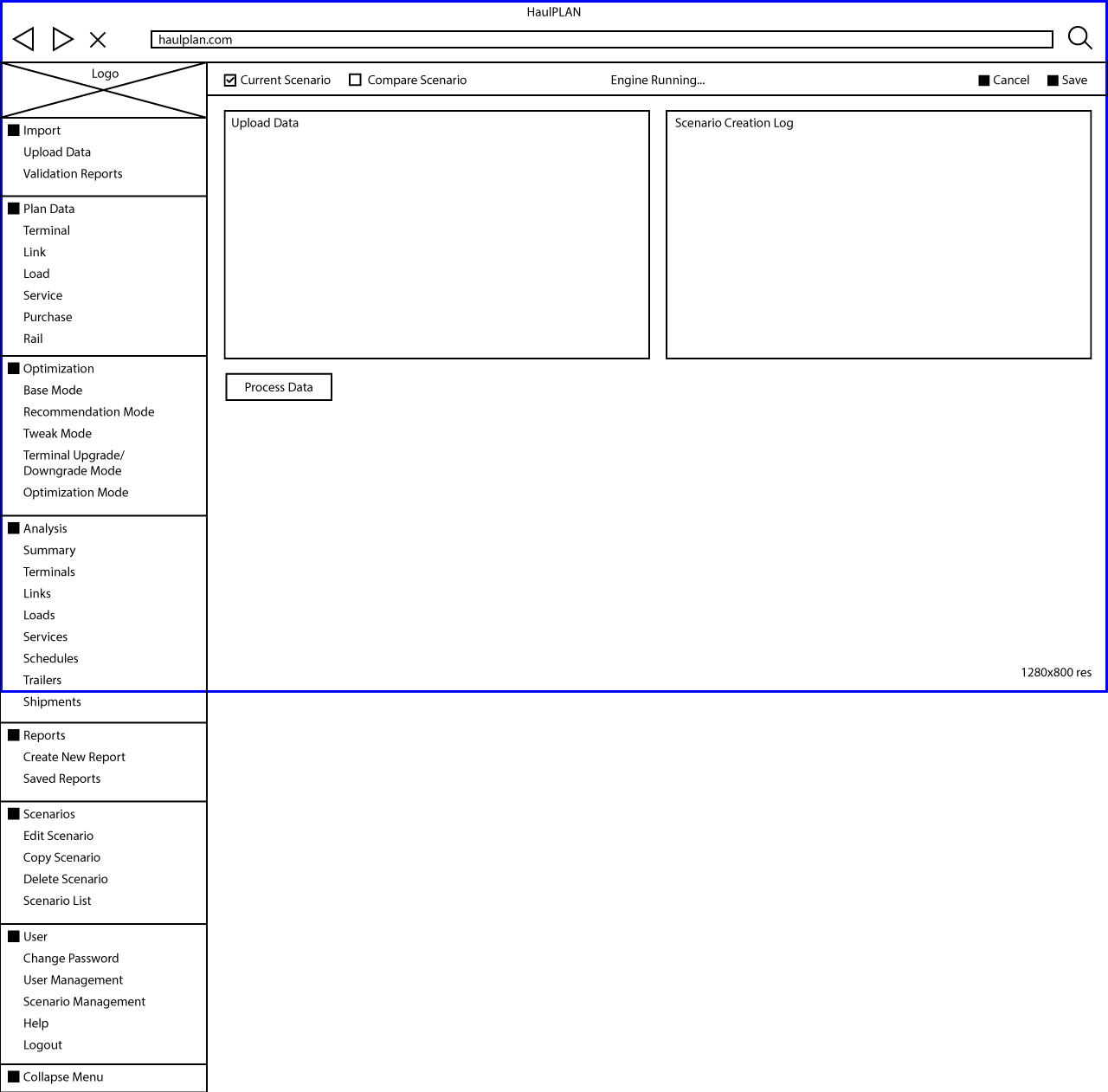 Optym HaulPLAN, Left Menu Wireframe First Draft, 2015-2016