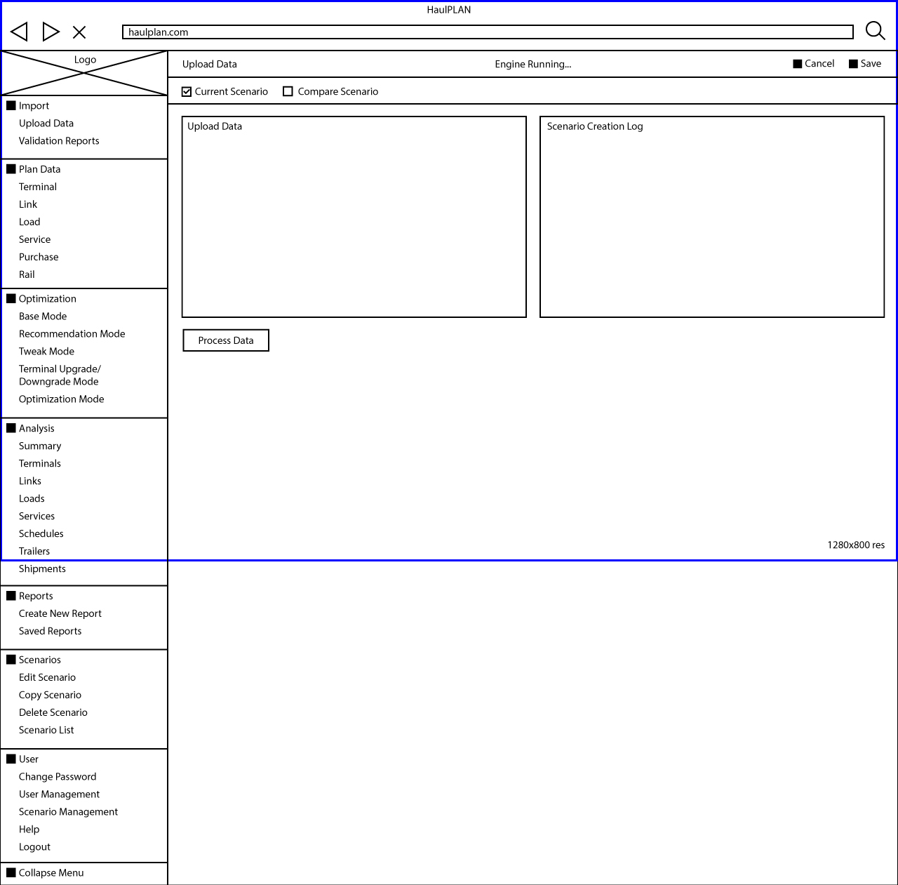 Optym HaulPLAN, Left Menu Process, Wireframe, 2015-2016