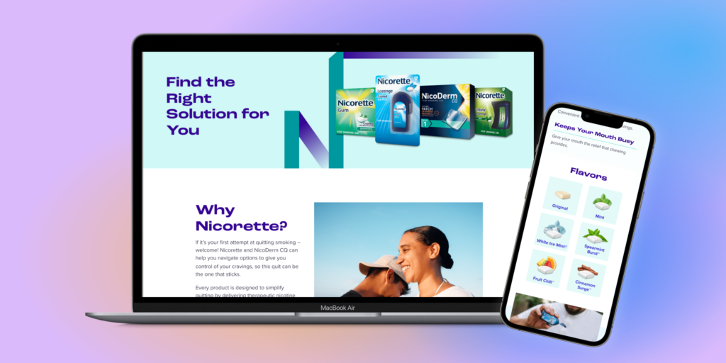 Mockup of website designs for the Nicorette website in desktop and mobile